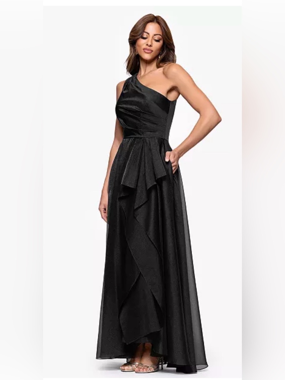 Xscape Metallic Draped One-Shoulder Gown